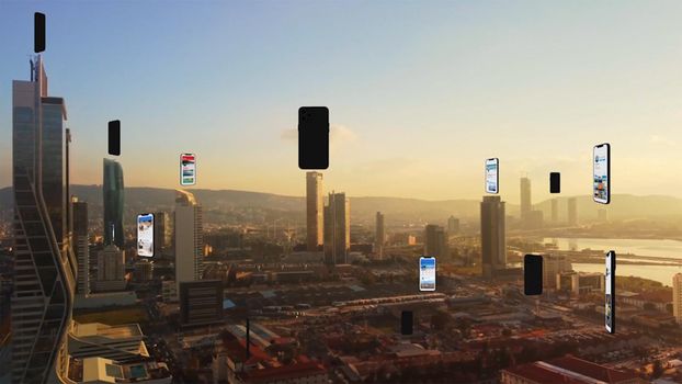 Connected aerial city with several interfaces. Futuristic concept. Augmented reality over Izmir. High quality photo