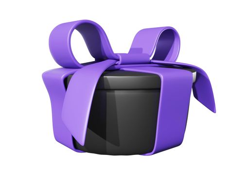 Realistic 3D Gift Black Box and Purple Bow on white.