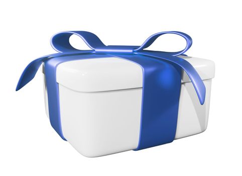 Realistic 3D Gift White Box and Blue Bow on white.