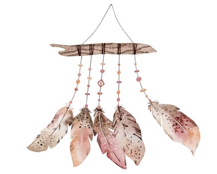 Watercolor feather paintings in boho style with indian ornament. Hippie quills aquarelle drawings