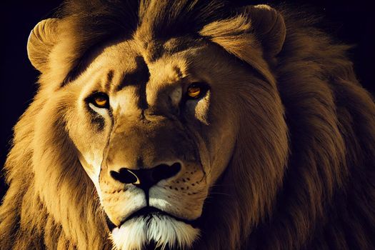 portrait of a lion. Amazing portrait of a big Lion on Black background. King face. Close-up of wild lion face