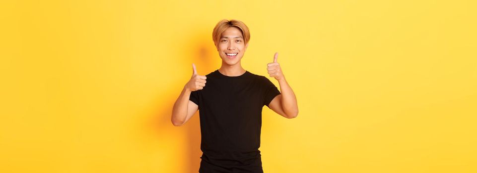 Portrait of satisfied asian man smiling and showing thumbs-up over yellow background.