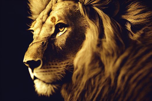 portrait of a lion. Amazing portrait of a big Lion on Black background. King face. Close-up of wild lion face