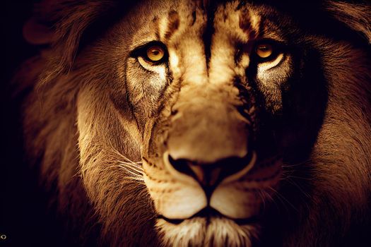 portrait of a lion. Amazing portrait of a big Lion on Black background. King face. Close-up of wild lion face