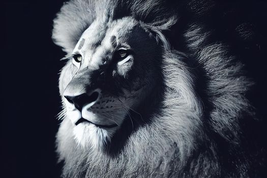 portrait of a lion. Amazing portrait of a big Lion on Black background. King face. Close-up of wild lion face