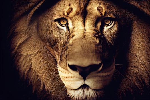 portrait of a lion. Amazing portrait of a big Lion on Black background. King face. Close-up of wild lion face