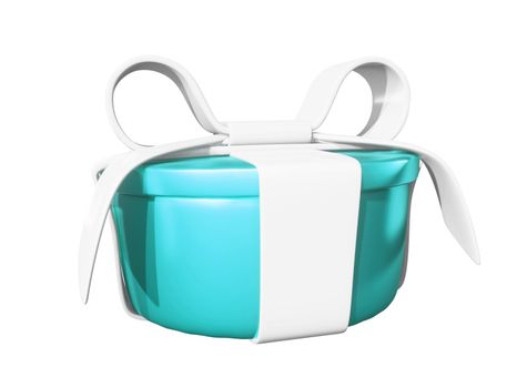 Realistic 3D Gift Blue Box and White Bow on white.