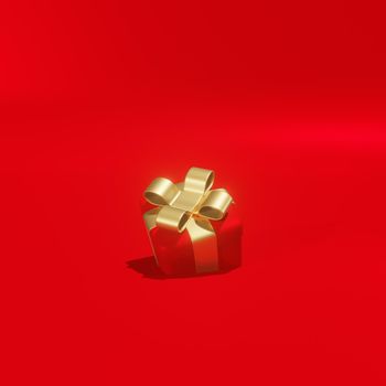 Realistic 3D Gift Box on red background.