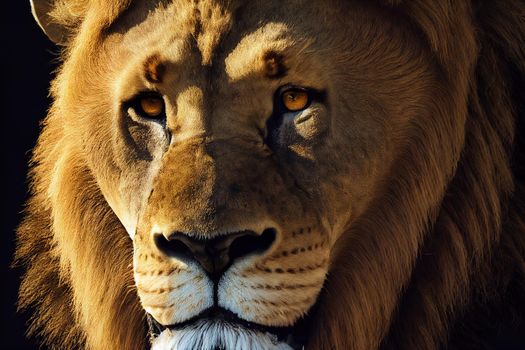 portrait of a lion. Amazing portrait of a big Lion on Black background. King face. Close-up of wild lion face