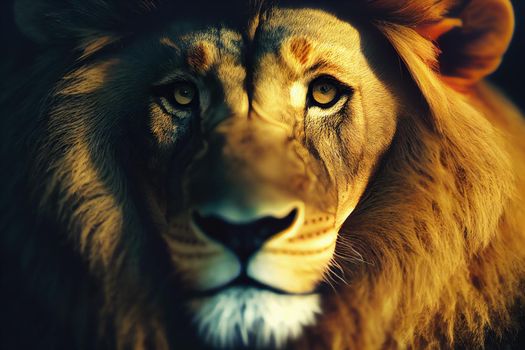 portrait of a lion. Amazing portrait of a big Lion on Black background. King face. Close-up of wild lion face