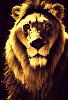 portrait of a lion. Amazing portrait of a big Lion on Black background. King face. Close-up of wild lion face