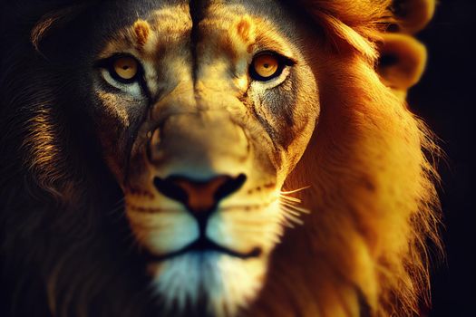 portrait of a lion. Amazing portrait of a big Lion on Black background. King face. Close-up of wild lion face