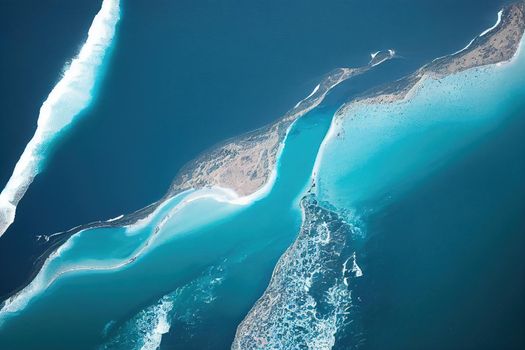 Beach and waves from above. ater background from the top. Summer attacks from the air. Aerial view of a blue ocean