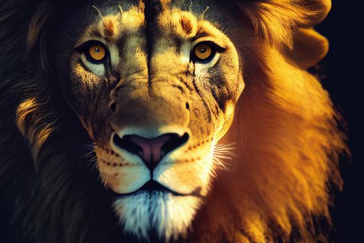 portrait of a lion. Amazing portrait of a big Lion on Black background. King face. Close-up of wild lion face