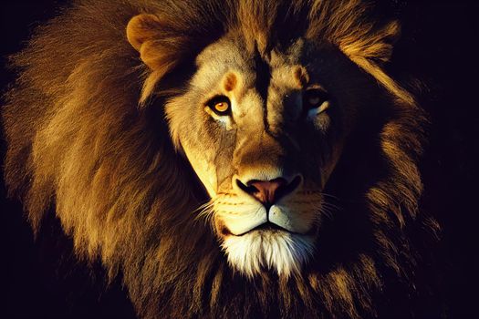 portrait of a lion. Amazing portrait of a big Lion on Black background. King face. Close-up of wild lion face