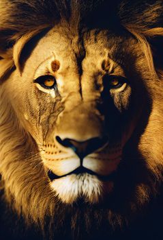 portrait of a lion. Amazing portrait of a big Lion on Black background. King face. Close-up of wild lion face
