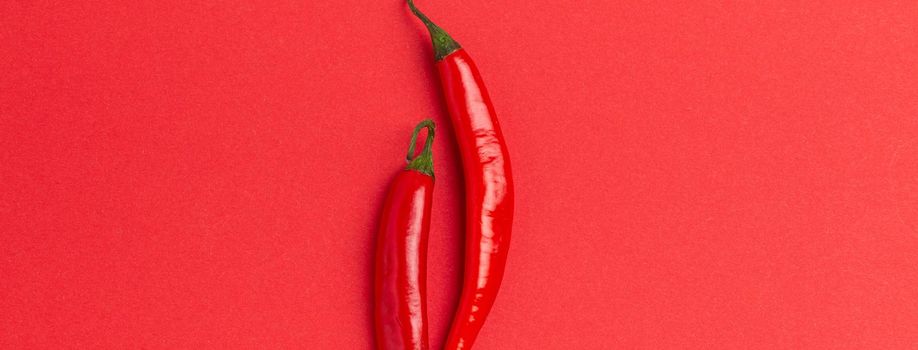 Red hot chilli peppers on minimal red background close up macro flat lay from above composition, simple clean food background with chilli peppers space for text.