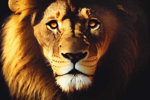 portrait of a lion. Amazing portrait of a big Lion on Black background. King face. Close-up of wild lion face