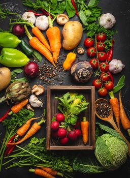 Radish and carrot fresh bunch in old wooden box and fresh farm organic vegetables on rustic black concrete background. Autumn harvest, vegetarian food or clean healthy eating concept, top view