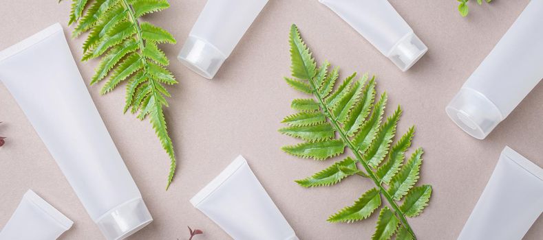 Set of skincare organic beauty product bottles and SPA cosmetic blank white matte containers with green plant leaves eucalyptus on gray clean background from above, flat lay mockup