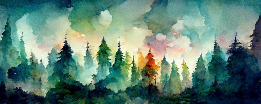 Digital structure of painting. Watercolor landscape in the fores