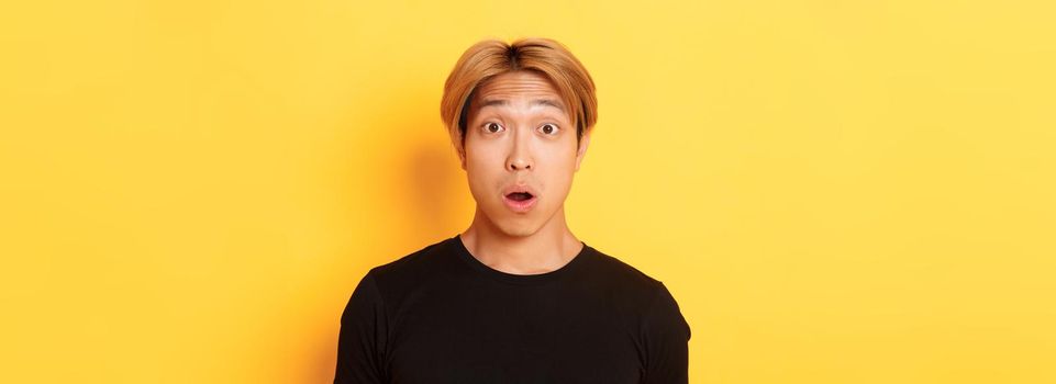 Close-up of surprised, speechless asian guy, drop jaw and raising eyebrows amazed, standing over yellow background.