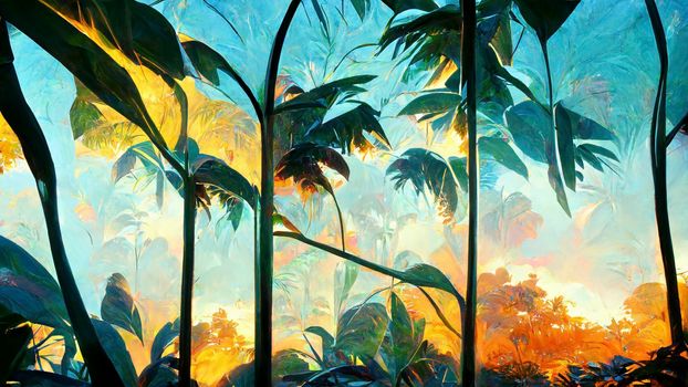 Computer-generated tropical landscape illustration. watercolors, acrylics and ink. CGI
