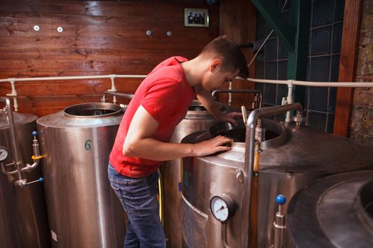 Brewery technician looking inside metal beer tank