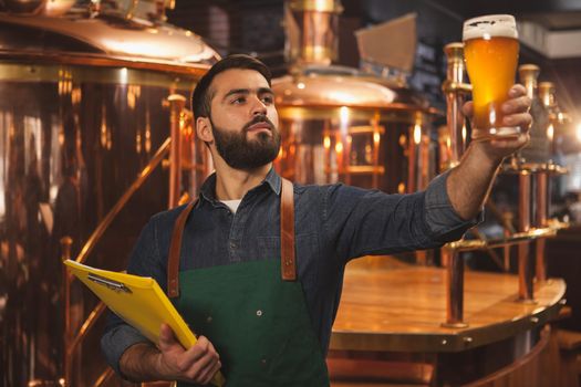 Bearded professional brewer holding clipboard, examining freshly made beer in a glass. Beer craftsman working at his microbrewery holding up beer mug. Manufacturing, food and drink industry concept