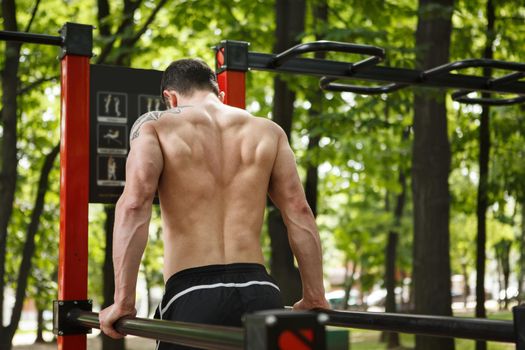 Rear view shot of ripped athletic man doing triceps dips outdoors, copy space