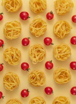 Minimal food pattern of tagliatelle and tomatoes, light yellow pastel background. Traditional Italian pasta in modern pop art style. Pasta and tomatoes, Italian cuisine concept. Top view, flat lay