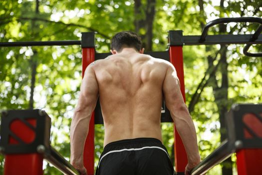 Rear view shot of athletic man exercising on dips bars outdoors