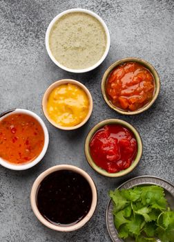 Assorted Indian chutneys in small rustic bowls on grey concrete background. Top view of colorful chutney, traditional Indian sauces and dips as a snack or side dish, close-up .