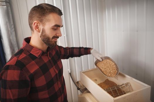 Handsome bearded brewer pouring barley into grain mill