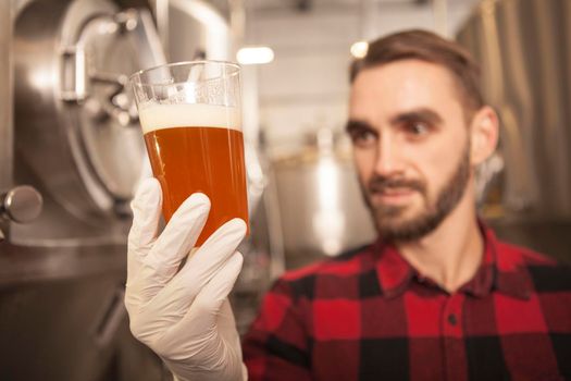 Selective focus on freshly brewed beer in the glass professional brewer is holding, examining quality of beverage