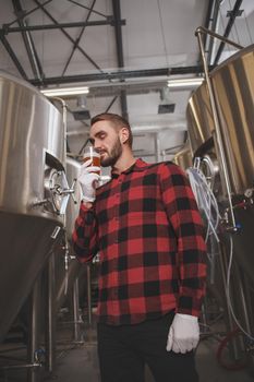 Vertical low angle shot of a brewer smelling freshly brewed beer, working at his beer factory