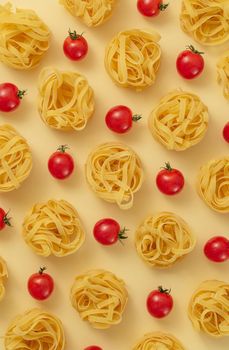 Minimal food pattern of tagliatelle and tomatoes, light yellow pastel background. Traditional Italian pasta in modern pop art style. Pasta and tomatoes, Italian cuisine concept. Top view, flat lay