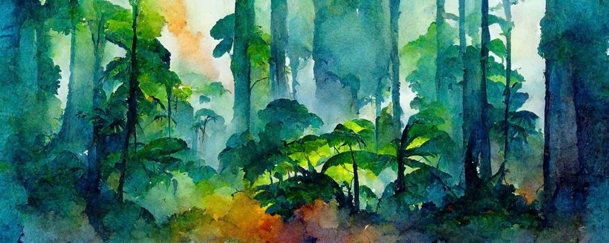 Computer-generated tropical landscape illustration. watercolors, acrylics and ink. CGI