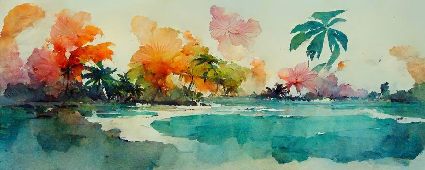 Digital structure of painting. Watercolor summer tropic landscape