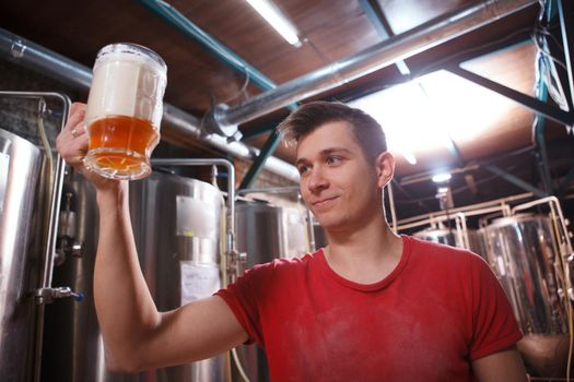 Low angle shot of a cheerful male brewer examining fresh beer in a glass