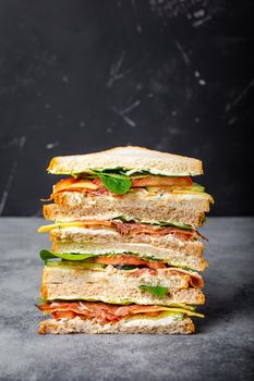 Close up of tall cut tasty sandwich with cheese, ham, prosciutto, fresh lettuce, tomatoes, cucumbers on gray rustic stone background. Healthy gourmet sandwich for breakfast or lunch, concept