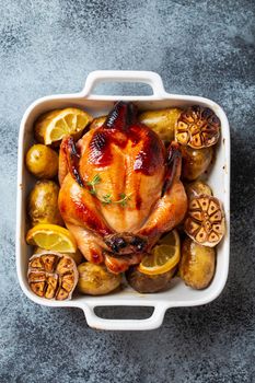 Close-up of baked or roasted whole juicy crispy organic chicken with potatoes, garlic, lemon in white casserole dish on concrete rustic background, top view