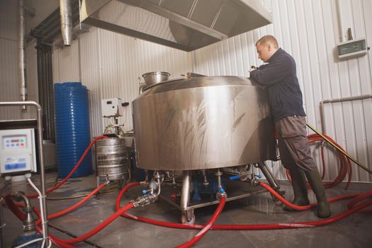 Low angle shot of a brewer looking into beer fermentation tank at craft beer factory, copy space