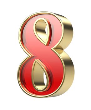 Number eight with golden frame and red glass, isolated on white background