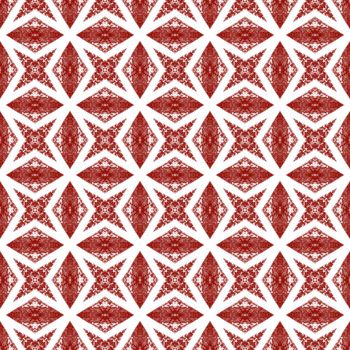 Ikat repeating swimwear design. Wine red symmetrical kaleidoscope background. Textile ready original print, swimwear fabric, wallpaper, wrapping. Summer ikat sweamwear pattern.
