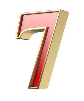 Number seven with golden frame and red glass, isolated on white background