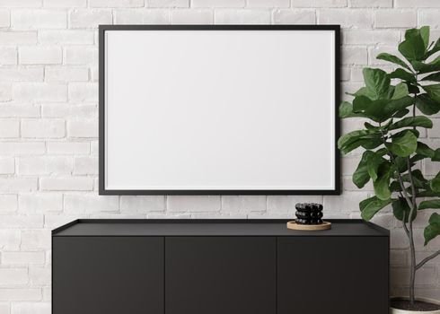 Empty horizontal picture frame on white brick wall in modern living room. Mock up interior in minimalist, contemporary style. Free space for your picture, poster. Console, candle, plant. 3D rendering