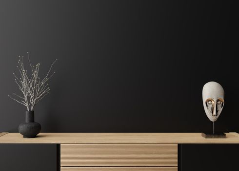 Empty black wall. Mock up interior in contemporary style. Close up view. Free space, copy space for your picture, text, or another design. Sideboard, vase, sculpture. 3D rendering
