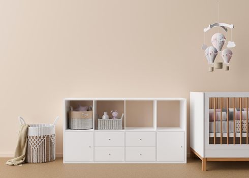 Empty cream wall in modern child room. Mock up interior in contemporary style. Free space, copy space for your picture, poster. Bed, console, toys. Cozy room for kids. 3D rendering