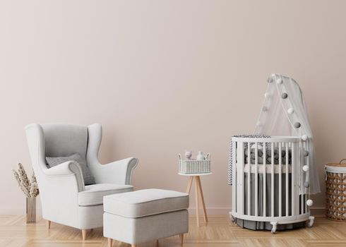 Empty cream wall in modern child room. Mock up interior in scandinavian style. Free, copy space for your picture, poster. Baby bed, armchair, pampas grass in vase. Cozy room for kids. 3D rendering
